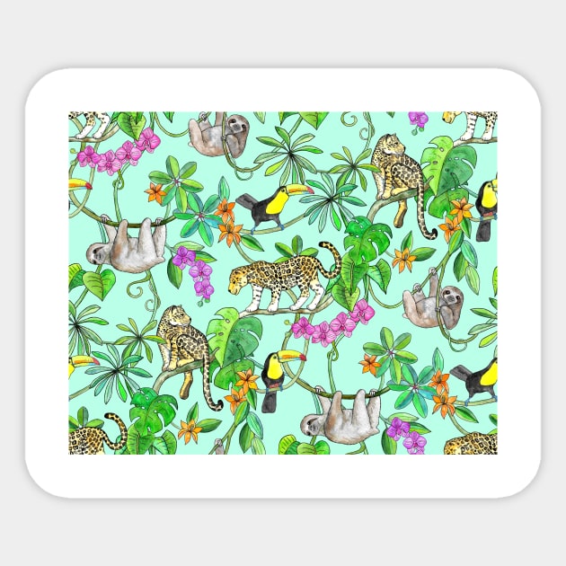 Rainforest Friends - watercolor animals on mint green Sticker by micklyn